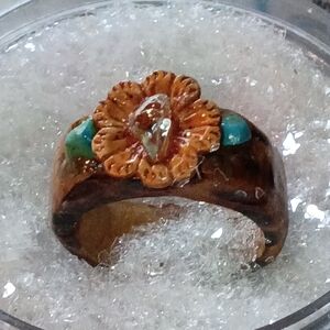 Artisan Floral Ring with Turquoise and Amber Hues